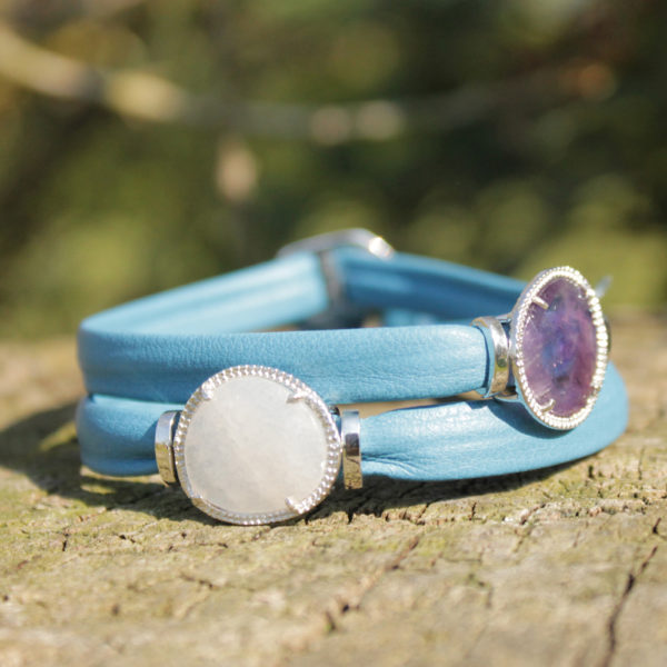 Bracelet équilibrant - Pierres : améthyste & agathe - Cuir bleu