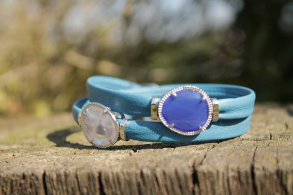 Bracelet équilibrant - Pierres : Jade & quartz rose - Cuir Bleu